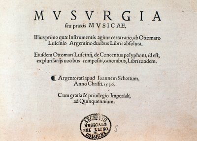 Titelsidan för Musurgias praktiska handbok för musik (1536) av Unknown artist