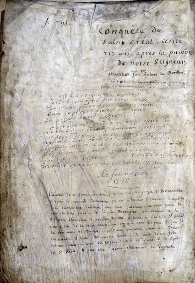 Titelsidan för ett manuskript: Erövringen av Saint Gréal, skriven 717 år efter vår herres passion. Bibliotheque Municipale de Rennes, ms. 255 (Samling av romaner av det runda bordet); Paris av Unknown artist