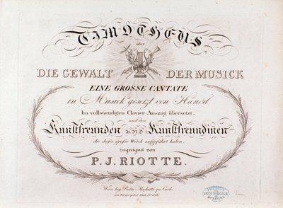 Titelsida för musikaliska partitur av Timotheus av GF Handel (1812) av Unknown artist