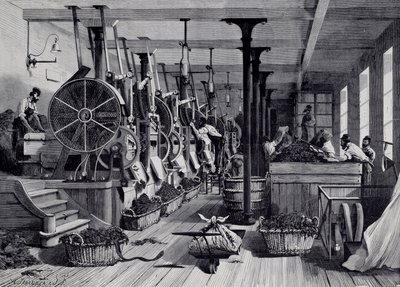 Tobaksfabrik, tvättstuga och tobaksrapage. Gravyr omkring 1867. Paris, Musee Carnavalet av Unknown artist