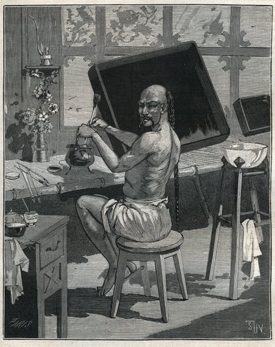 Tong oljelacker i Kina. Gravyr från 1885 i "" Les arts et metiers illustres"" av Adolphe BITARD. av Unknown artist