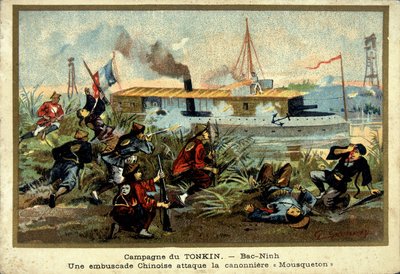 Tonkin-kampanj: i Bac-Ninh attackerar ett kinesiskt bakhåll vapenbåten "" Carabiner"" - chromo., sent 1800-tal av Unknown artist