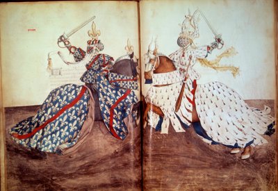 Turnering: Spel med den kallande herren och svarande herren (hertigen av Bretagne och hertigen av Bourbons ansikte). Manuskript "" Book of tournaments"" (Folio 32v - folio33) av Rene d