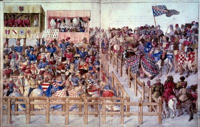 Turnering: De snurrande riddarna avlägger ed i tävlingen framför herrarnas läktare. Miniatyr i "Traite des tournaments"" av Unknown artist