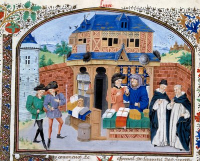 Handel: en handelsbutik. Miniatyr från manuskriptet "" Commentary on Ethics"" av den grekiske filosofen Aristoteles (383-322 f.Kr.) översatt av Nicolas Oresme (1325-1382) av Unknown artist