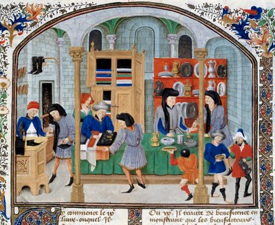 Handelsscen: köpmän i en butik presenterar servis och bestick till sina kunder. Miniatyr hämtad från en upplaga av "Ethical, Political and Economic"" av den grekiske filosofen Aristoteles (384-322 f.Kr.) av Unknown artist