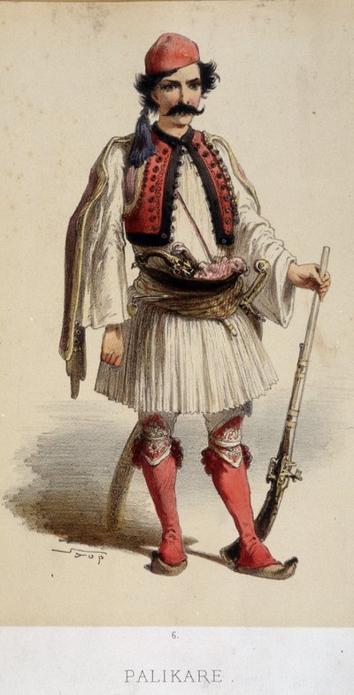Traditionell grekisk mansdräkt - gravyr, sent 1800-tal av Unknown artist