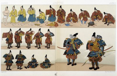 Traditionella japanska samurajkläder - i ""The Historical Costume"" av Racinet av Unknown artist