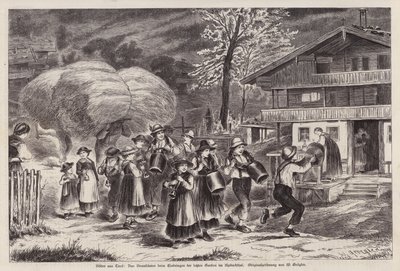 Traditionell ringning i koklockor för att fira att den sista skörden bärgats i Alpbachtal, Tyrolen, Österrike (gravyr) av Unknown artist