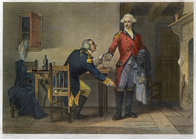 Trahison of Arnold - Självständighetskrig eller amerikanska revolutionen (1775-1783) - Benedict Arnold (1741-1801) lyckades övertyga major John Andre (1750-1780) att dölja West Points planer i sin stövel vid deras möte den 21 september 1780. av Unknown artist