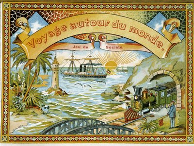 Tåg, fyr och båt, täckspel "" Journey around the world", a.n.d. 19:e. av Unknown artist