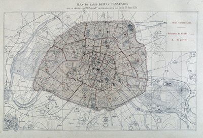 Förvandlingar av Paris under det andra imperiet, Haussman Paris. Karta över Paris sedan annekteringen med dess indelning i 20 arrondissement, i enlighet med lagen av den 16 juni 1859 - i "Administrativ atlas över arrondissementen i staden Paris" av Unknown artist