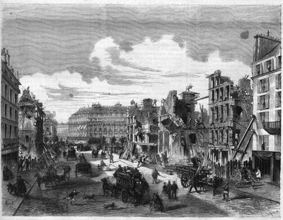 Förvandlingar av Paris under det andra imperiet, Paris Haussmann (Boulevard, Haussmann verk): rivning av Rue de la Paix för öppnandet av Rue Reaumur. Gravyr i "" The Illustrious Universe"" av Unknown artist