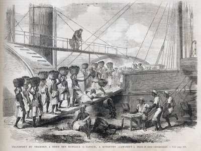 Transport av kol ombord på ångfartyg i Kingston (Jamaica) - Lastning av kol i Kingston - Jamaica - 1866 Gravyr från "" The Illustrous Universe"" 1866 av Unknown artist