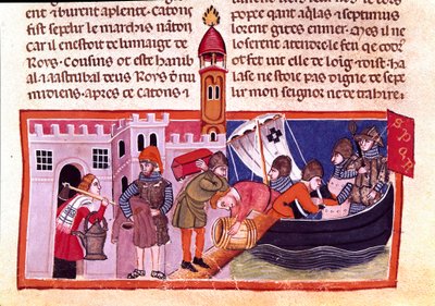 Transport av varor och livsmedel på inre vattenvägar. Miniatyr från en fransk kodex på pergament "" The Facts of Romans"" som berättar forntida historia fram till Jules Cesar (101 f.Kr.-44 f.Kr.). 1200-talets Venedig, biblioteca Marciana av Unknown artist