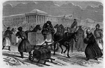 Transport av is i St Petersburg, Ryssland. Gravyr i "The Youth Journal" av Unknown artist