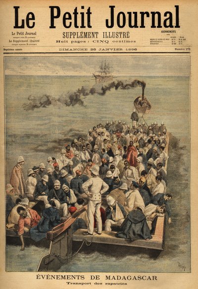 Transport av skadade rapater från Madagaskar. Gravyr i "" Le petit journal"" 1896-01-26. Selvas samling. av Unknown artist