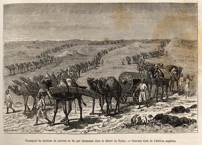 Transport av järnskeppssektioner med kameler, i öknen i Nubien (Sudan), gravyr som illustrerar en väpnad expedition i Centralafrika, för att bekämpa svarthandeln av Unknown artist
