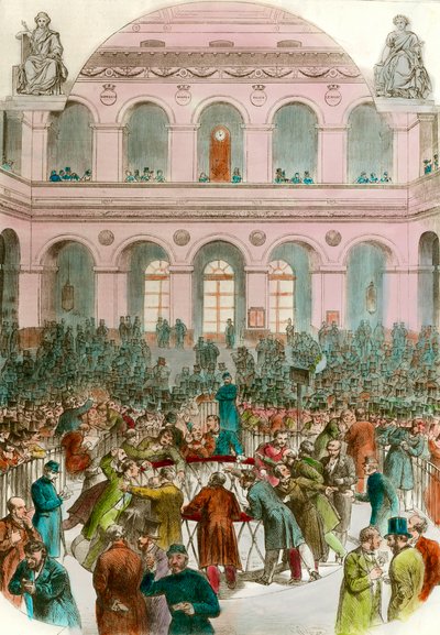 Skräp av bytesagenter vid Bourse de Paris Gravyr 1856 Privat samling av Unknown artist