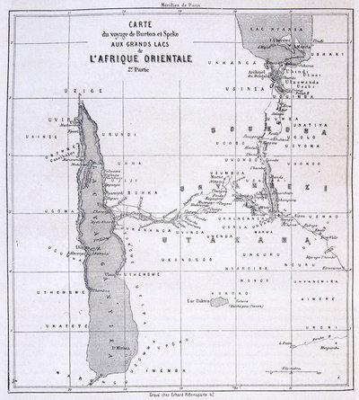 Resekarta över Richard Francis Burton, brittisk upptäcktsresande (1821-1890) och Speke till de stora sjöarna i Östafrika 1857-59 - i Tour du Monde av Unknown artist