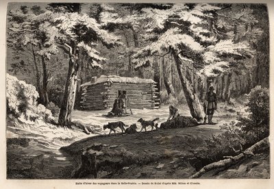 Resenärs vinterstuga på den vackra ängen (Kanada), tillflyktsort för fångare och deras pulka. Gravyr för att illustrera resan från Atlanten till Stilla havet (route du nord ouest par les terres), 1862-1864 av Viscount Milton och Doctor Cheadle, i av Unknown artist