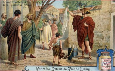 Resande bokhandlare i antikens Grekland. Kromolitografi, Liebig-bild. av Unknown artist