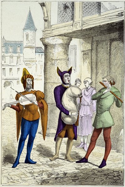 Resande musiker på 1400-talet - i "" Costumes de Paris genom århundradena"" av Unknown artist
