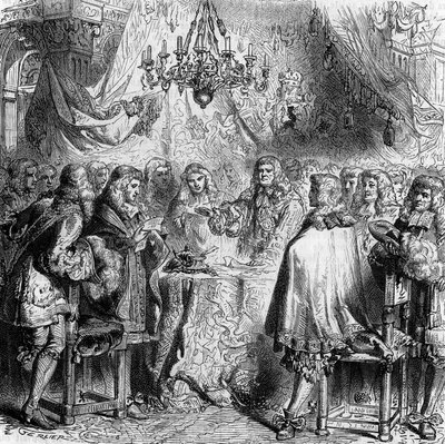 Behandla kapellet Aix. Undertecknad den 2 maj 1668 mellan Frankrike och Spanien, avslutade han devolutionskriget och gav Flandern till Frankrike. Gravyr från 1866. av Unknown artist