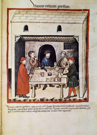 Behandla en läkare: "" rött vin, grupp män i en krog som dricker vin"" Sidan hämtad från "" Tacuinum sanitatis"" (Cod. ser. nov. 2644) Omkring 1400 Wien, Osterreischische Nationalbibliothek av Unknown artist
