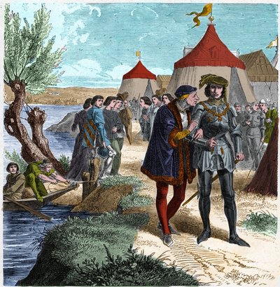Konflansfördraget den 5/10/1465 mellan kungen av Frankrike Ludvig XI och Charles de Charolais (senare Charles the Temeraire) som avslutade adelsupproret eller League of Public Good. Gravyr i "" Histoire De France En Cent-målningar av Paul Lehugeur "" 1891. av Unknown artist