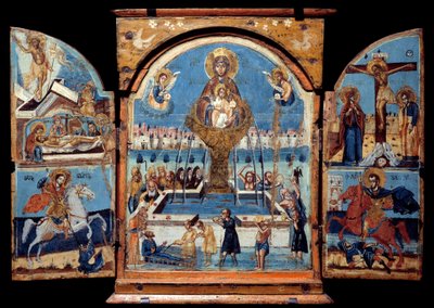 Jungfruns triptyk, livskälla Centralpanel: Jungfrun korsar en mirakulös vattenfontän. Till vänster, uppståndelsen och avsättningen. Nedanför en riddare (Saint George) som slår ner en drake. Till höger, korsfästelsen och en riddarvits av Unknown artist
