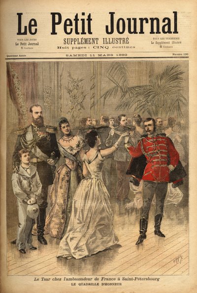 Tsar Alexander III (1815-1894) dansar en hederskvadrille vid en fest som greve av Montebello, Frankrikes ambassadör i Ryssland, gav. Gravyr i "Le petit journal" 11/03/1893. Selvas samling. av Unknown artist