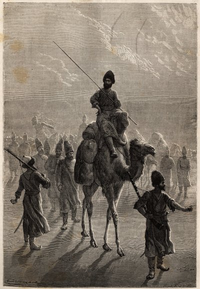 Turkiska fångar förda till Teheran i syfte att byta ut sitt agg eller utbyta mot andra fångar. Gravyr för att illustrera historien om Henri de Blocqueville "14 mois de captivite chez les turcomans"" mellan 1860 och 1861, i "Le tour du mo av Unknown artist