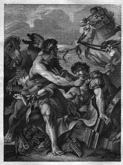 Tolv verk av Hercules: Diomede dödar av Hercules och äter av sina egna hästar. gravyr efter målningen av Jean-Baptiste-Marie (Jean Baptiste Marie) Peter. (1714-1789) av Unknown artist