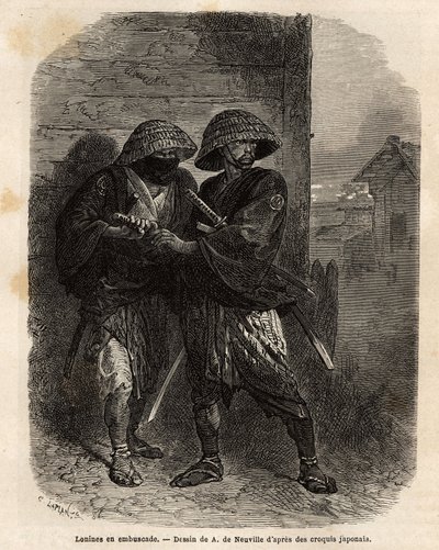 Två roniner (samurajen har förlorat sin herre) som står i bakhåll. Gravyr för att illustrera resan till Japan, 1863-1864, av Aime Humbert, minister för Schweiziska edsförbundet, i "" Le tour du monde, nouveau journal des voyages"" publicerad under ledning av Unknown artist