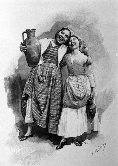 Två unga kvinnor av folket, som bor i Palermo. Siciliens gravyr från 1800-talet av Unknown artist
