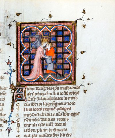 ""En krönt ängel som omfamnar en man"" Upplyst sida från manuskriptet ""Le Roman de la Rose"" av Guillaume de Lorris (cirka 1200-1238) och Jean de Meun (Meung) (1240-1305) ca 1353 Schweiz bibliotek från Genève av Unknown artist