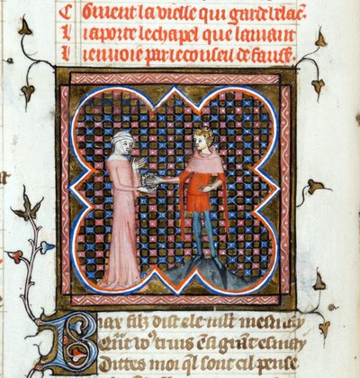""En ung man och en gammal kvinna"" Upplyst sida från manuskriptet ""Le Roman de la Rose"" av Guillaume de Lorris (cirka 1200-1238) och Jean de Meun (Meung) (1240-1305) runt 1353 Schweiz Genève bibliotek av Unknown artist