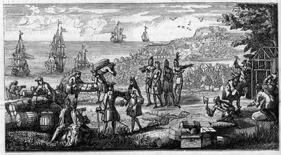 Avbarkning av förråd i de franska kolonierna i Amerika. Pennteckning placerar ett huvud av ett minne av Vauban på "Kolonierna"" i manuskriptet till hans "Oisivetes"" bevarat vid Depot des Fortifications. Gravyr i "" La Nature: revue des sciences et d av Unknown artist