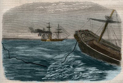 Undervattenstelegrafiska linjer: Utläggningen av en undervattenskabel (ubåt) Gravyr från 1857. av Unknown artist