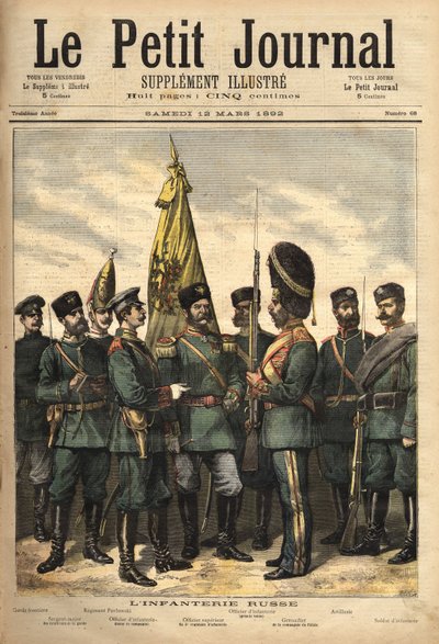 Uniformer för det ryska infanteriet, allierade med Frankrike, från vänster till höger: gränsvakten, vakternas sergeantmajor, Pavlowskiregementet, officeren, överofficeren, palatsgrenadjären, artilleriuniformen och soldaten. Gravyr i av Unknown artist