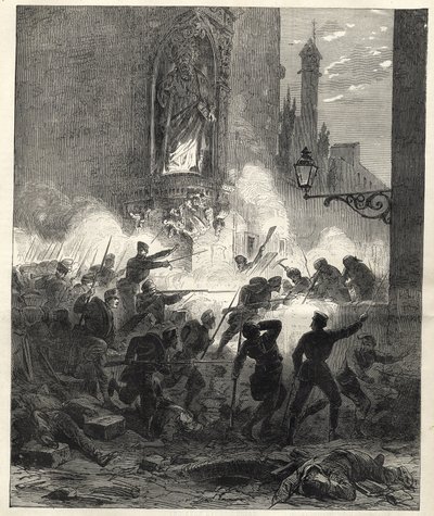 Republikanernas uppror i Katalonien: strider i Barcelona natten mellan den 25 och 26 september 1869 - Sexenio Democratico (sex år demokrati) - Spanien under general Francisco Serranos styre 1869/1870 - Republikanskt uppror i Katalonien: bar av Unknown artist