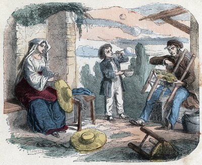 Användning av halm på 1800-talet: en man garnera en stol med halm, en kvinna flätar hattar (korgar), ett barn gör såpbubblor med ett sugrör. Gravyr sent 1800-tal. av Unknown artist