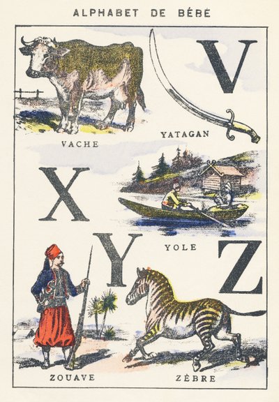 V X Y Z: ko, yole, zouave, zebra av Unknown artist