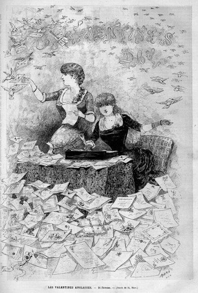 Alla hjärtans dag (Alla hjärtans dag) 14 februari: Engelska alla hjärtans dag skriver och tar emot kärleksbrev från sina hjärtan. Gravyr i "" Le Monde illustrious"" 1883. Privat samling. av Unknown artist