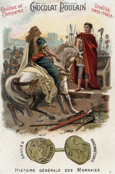Vercingetorix (72-46 f.Kr.), ledare för det galliska upproret, lägger ner vapen vid Cesars fötter (100-44 f.Kr.), efter att ha definitivt förlorat staden Alesia - In General History of Coins - Chocolate-Foal Chromolithography of the late 1800-talet - Priva av Unknown artist