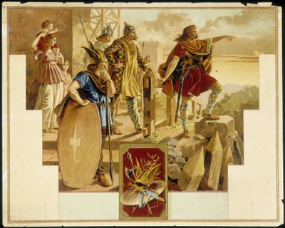 Vercingétorix omgiven av galler, krigare, kvinnor och barn - Kromolitografi av Unknown artist