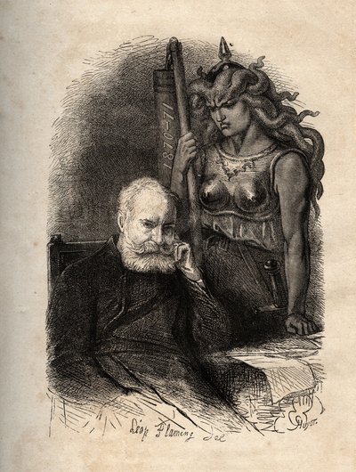 Victor Hugo sittande med en krigsgudinna - gravyr från "" Det fruktansvärda året"" ("Det fruktansvärda året"), en serie dikter som handlar om belägringen och traumat av att förlora sin så - Victor Hugo, haante par la gudinna de la guerre gravyr i "" L