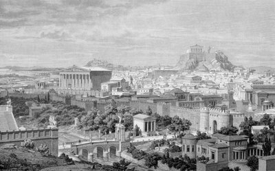 Utsikt över Aten, Hadrianus tempel och Akropolis. av Unknown artist