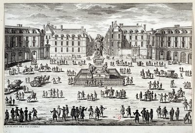 Vy över Place des Victoires i Paris med statyn av Ludvig XIV rest av marechal de la Feuillade 1686. Gravyr av 1600-talets Paris, Musee Carnavalet av Unknown artist